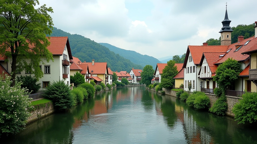 Small riverside village with traditional architecture, houses near water, historic European town setting