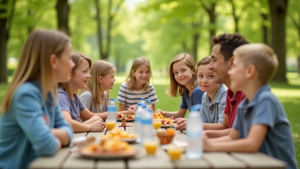 Family sitting at outdoor picnic table or café having snacks and drinks during walking break, relaxing in natural setting