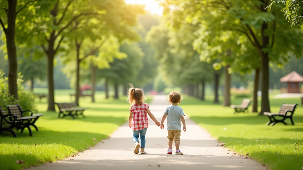 Family walking path with children, playground area, easy trail, parks with benches, family-friendly outdoor setting