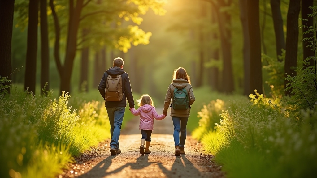 Family walking together on scenic forest path with children and parents enjoying nature outdoors