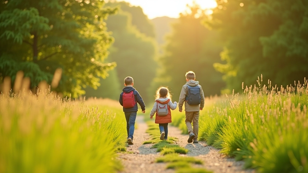 Family walking trail with children exploring scenic Czech countryside