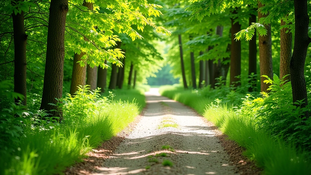 Well-maintained gravel path through forest with dappled sunlight, tree canopy overhead providing shade, peaceful natural environment