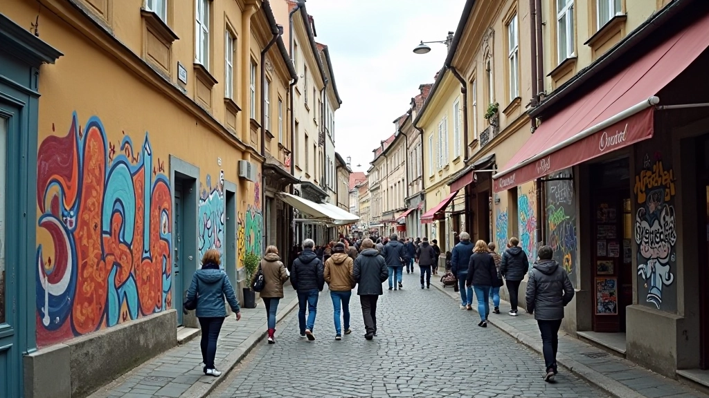 Holešovice Prague district graffiti walls street art, vintage architecture, local market scene, bohemian neighborhood vibe