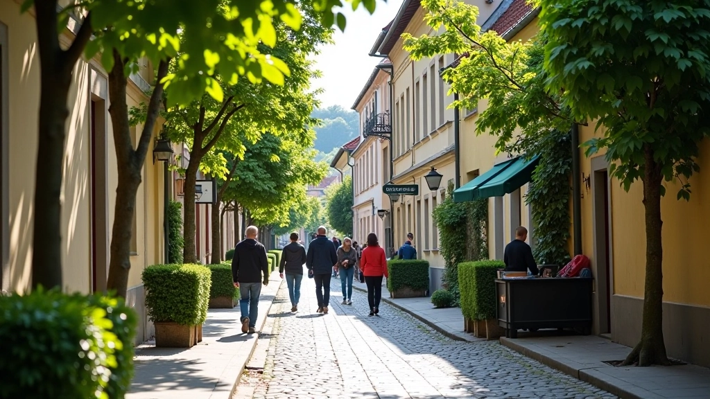 Local Prague neighborhood with residential buildings, cobblestone street, green trees, residents walking, authentic urban scene without crowds