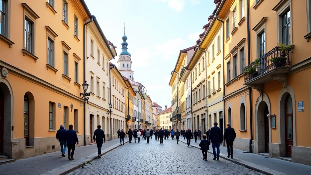Prague street scene showing historic buildings and urban neighborhood with pedestrians walking