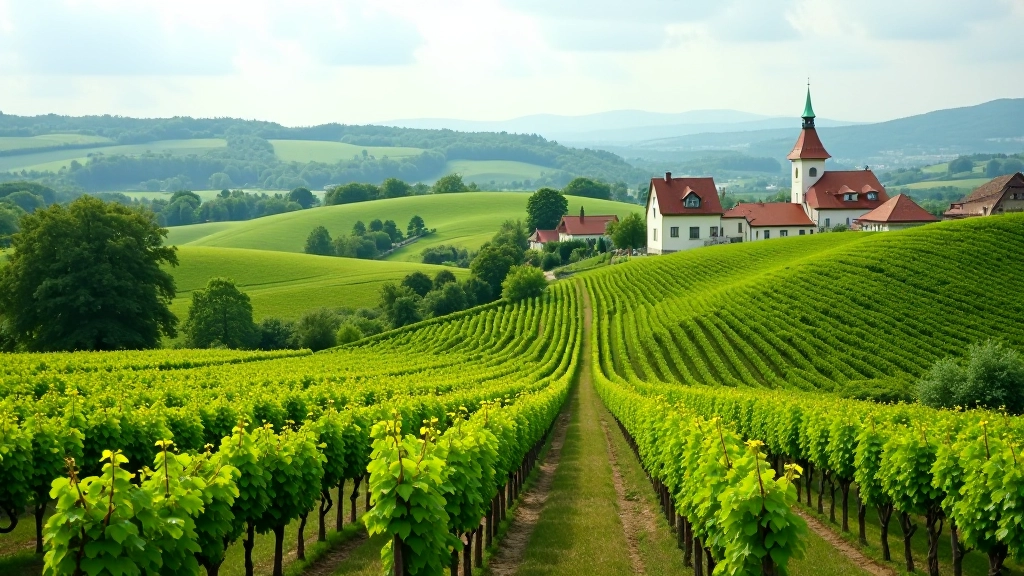 Rolling vineyard hills in South Moravia with grapevines, traditional village buildings, and scenic countryside landscape