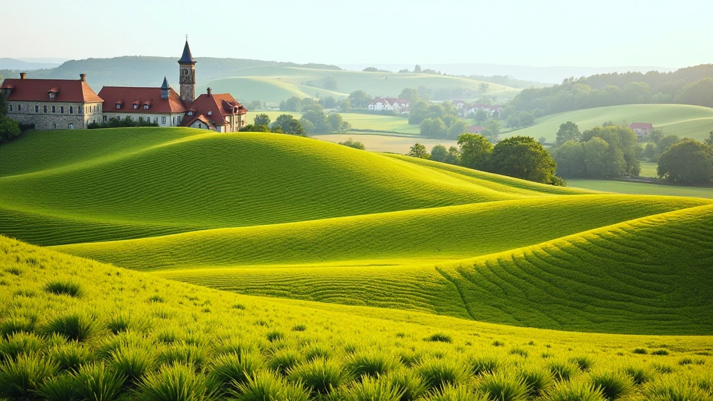 Rolling vineyards in South Moravia wine region during spring season, traditional stone buildings visible in background