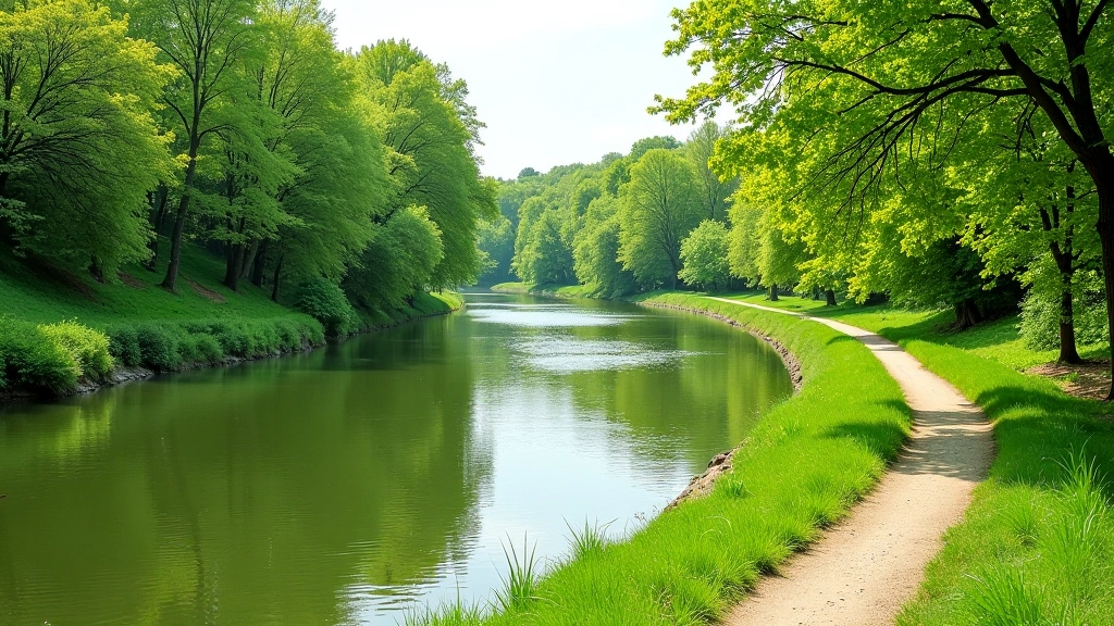 Walking trail with river bend in distance, green grass embankment, peaceful natural setting with minimal structures