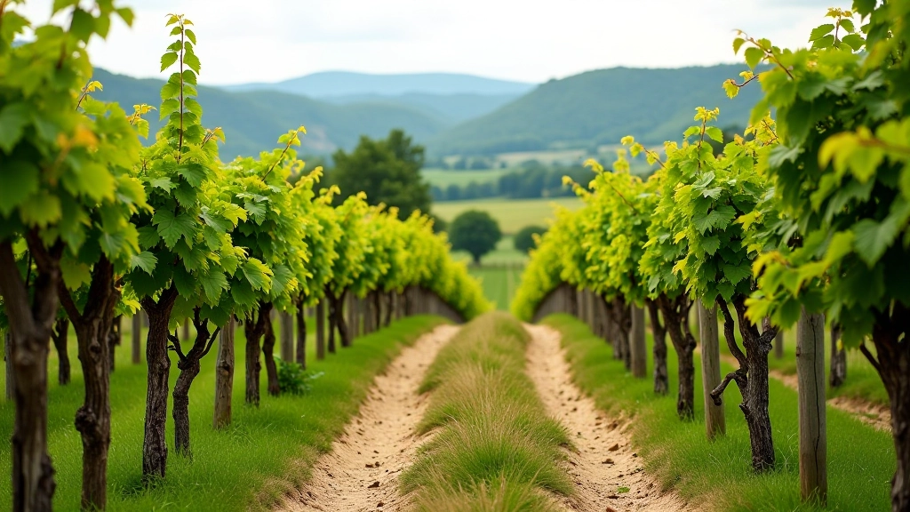 Scenic pathway between grapevines with wooden fence posts, green vegetation, and distant hills under clear sky