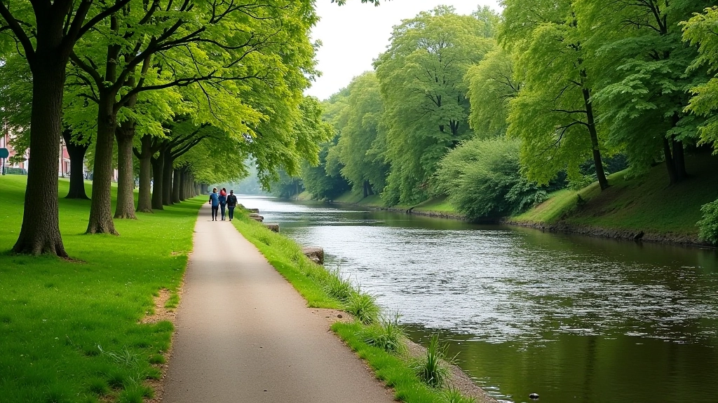 Serene riverside pathway along the Vltava River with green banks and flowing water