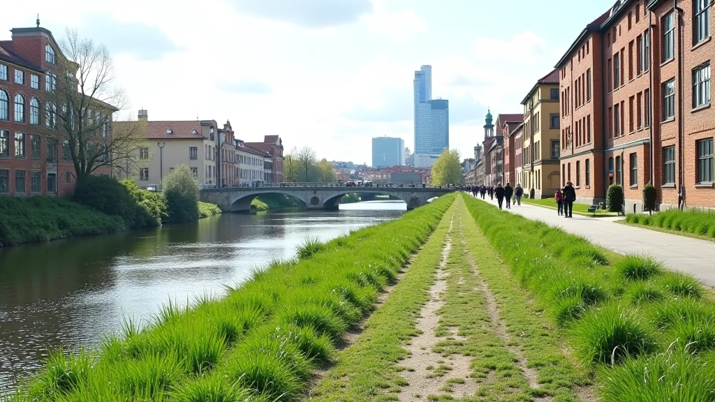 Smíchov Prague riverside walk along Vltava River, converted industrial buildings, green walking path, modern Prague skyline in background