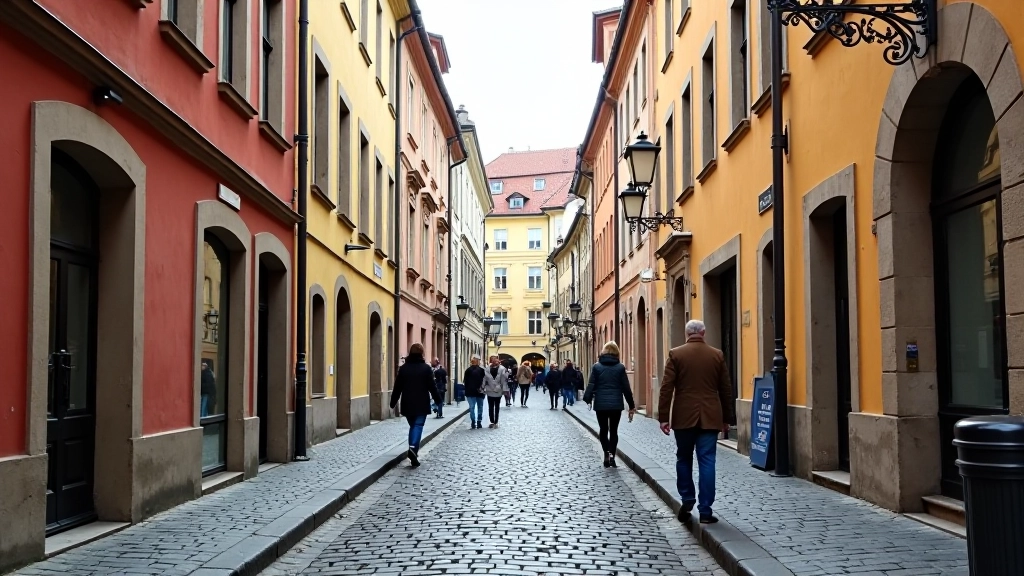 Urban Prague street with historic architecture, buildings, and cobblestone pathways
